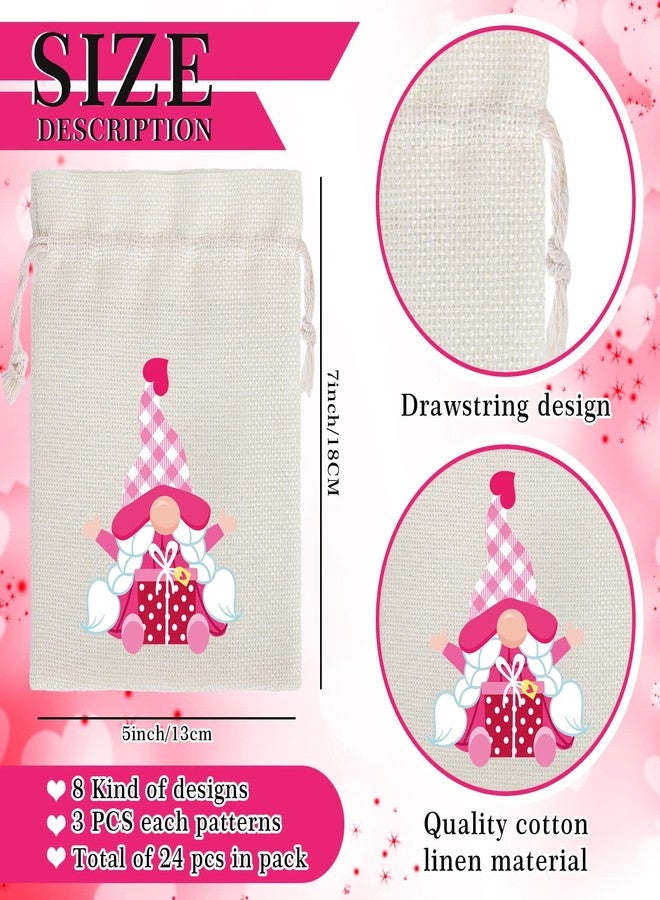 Whaline 24Pcs Valentine's Day Burlap Gift Bags Pink Gnome Pattern Drawstring Candy Bags Rustic Linen Pouches Sacks for Valentine's Day Party Favors Wedding Bridal Shower Supplies, 5 x 7Inch - Image 2